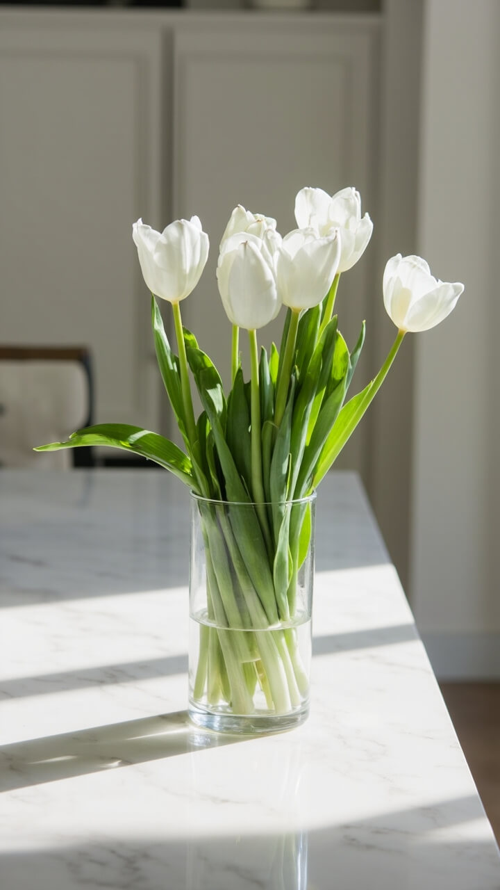 A tall clear glass cylinder vase filled with long-stemmed white tulips stands on the edge of a marble kitchen island. The petals are crisp and slightly curved. No other decor is present.
