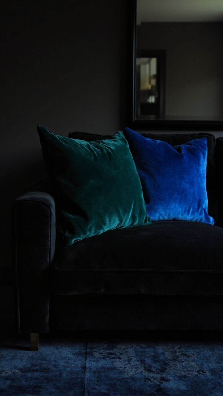 A matte black couch with an emerald green velvet cushion and a single sapphire blue velvet cushion. Behind, there’s a black-framed mirror. The area rug is midnight blue with a subtle pattern.