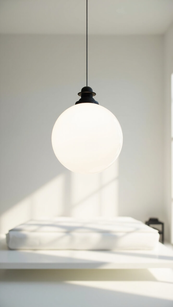 A large white glass globe pendant hangs from a thin black cord in the center of the room, over a white platform bed. The rest of the ceiling and space remains unobstructed.