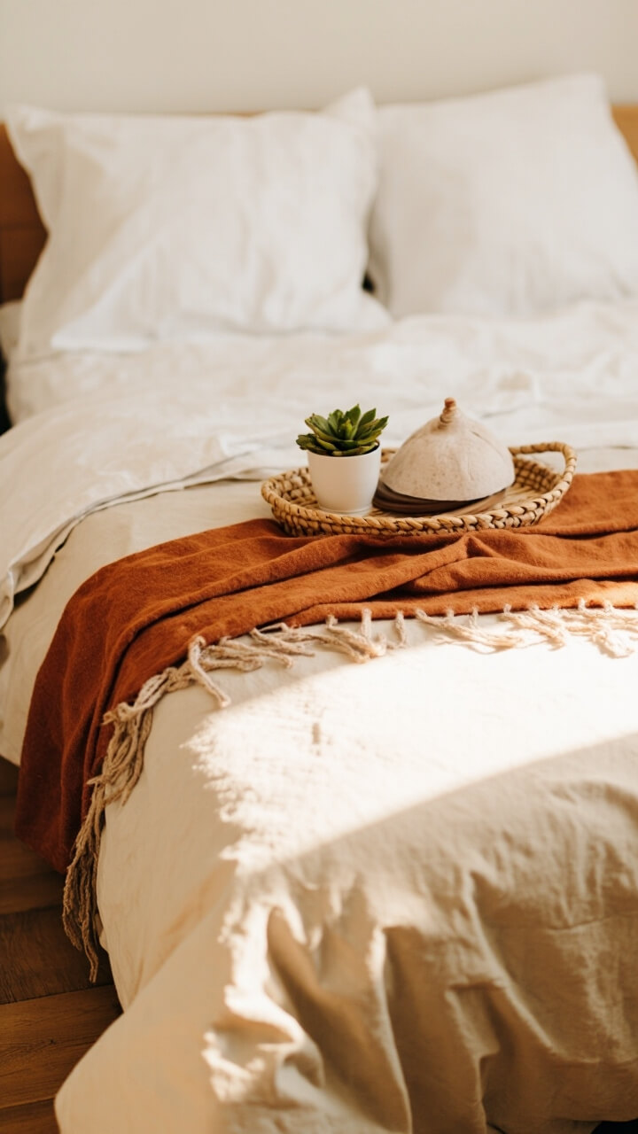 A light beige duvet, a narrow rust-colored wool bed scarf with fringe placed along the foot, two white standard pillows, and a rattan tray with a tiny potted succulent.