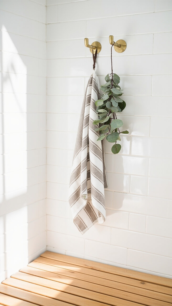 On a white tiled shower wall a brushed brass hook holds a dried eucalyptus bundle. An oatmeal and white striped linen bath towel hangs neatly beside it on the same hook. A natural teak slatted bath mat sits on the floor below.