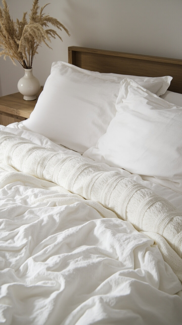 A king-size bed with a crumpled white linen duvet, a cable-knit white throw across the center, two plush white faux shearling pillows, and an ash wood nightstand holding a pale clay vase with dried pampas grass.