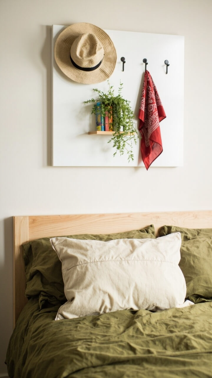 A medium-sized white pegboard is fixed to the wall beside a light oak bed with an olive green duvet. The pegboard has a small shelf with books, hooks holding a straw hat and bandana, and a little hanging plant. On the bed, a cream linen pillow sits in front of standard pillows.