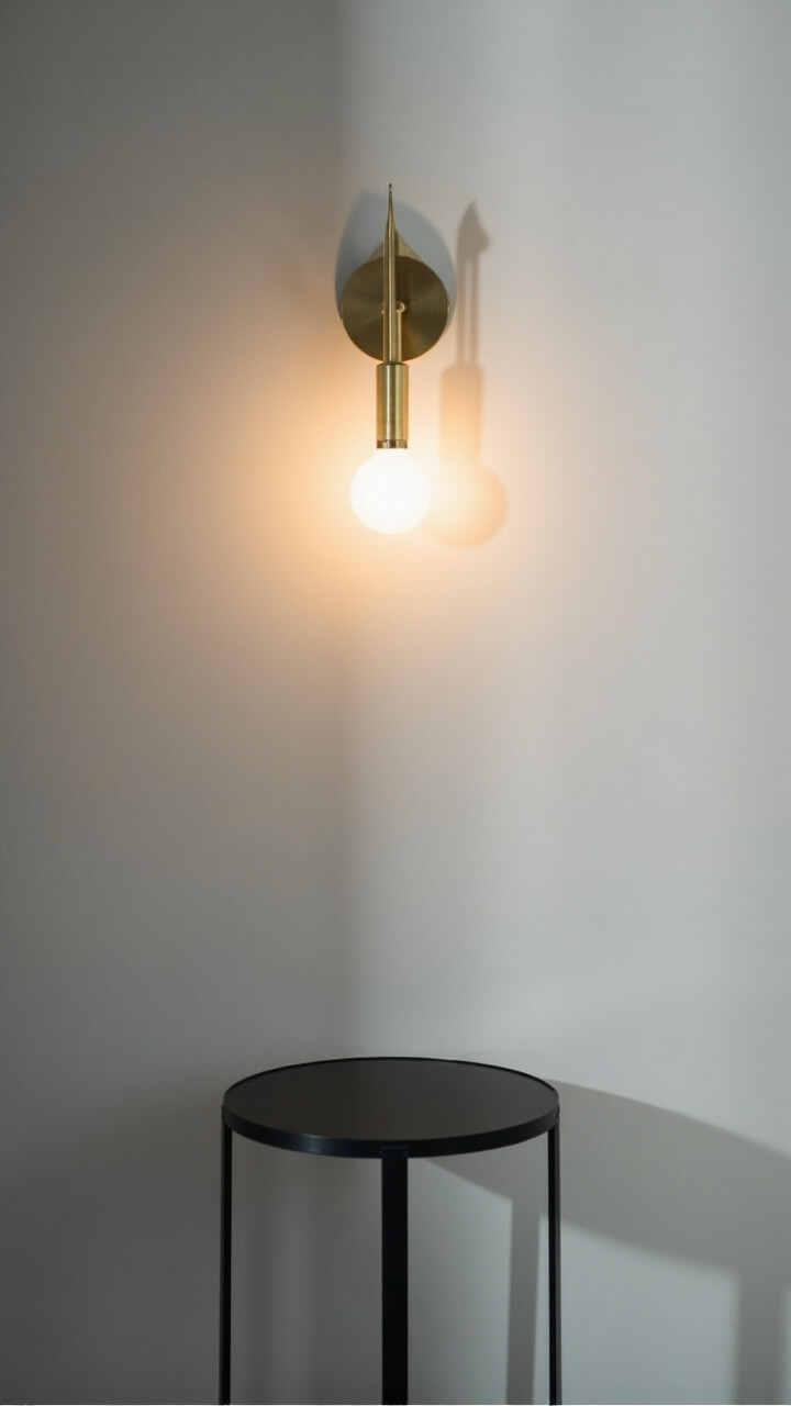 A matte brass, geometric wall sconce with a simple globe bulb is mounted on a dove gray wall. The only decor nearby is a slim black side table below.