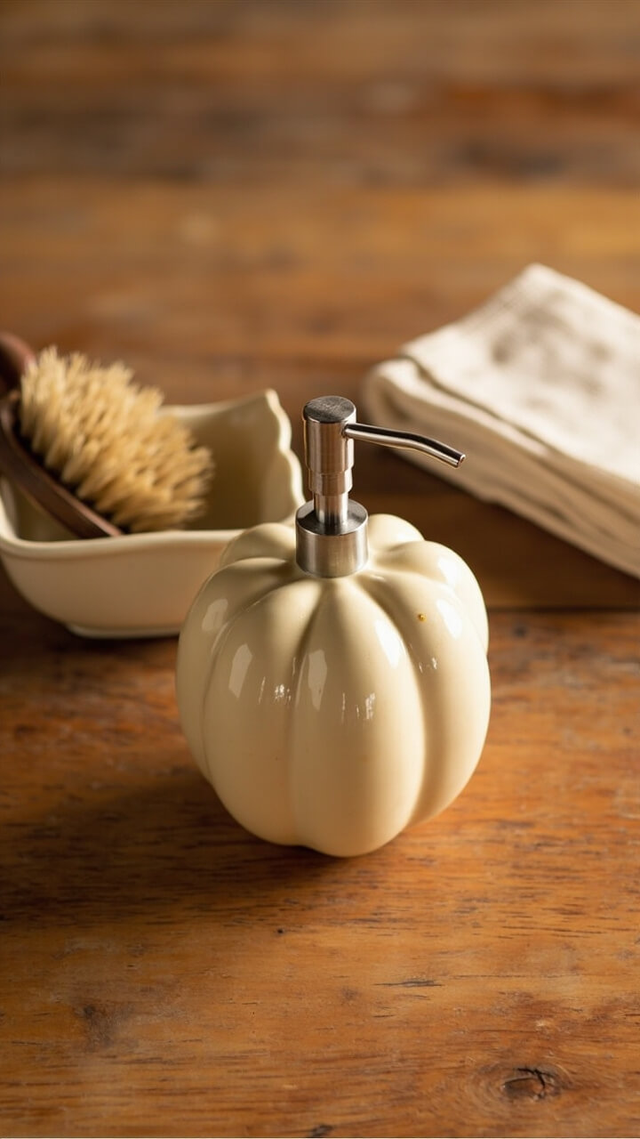 A creamy ceramic pumpkin-shaped soap dispenser sits on a reclaimed wood counter, next to an off-white porcelain dish holding a natural bristle brush and a folded linen washcloth.