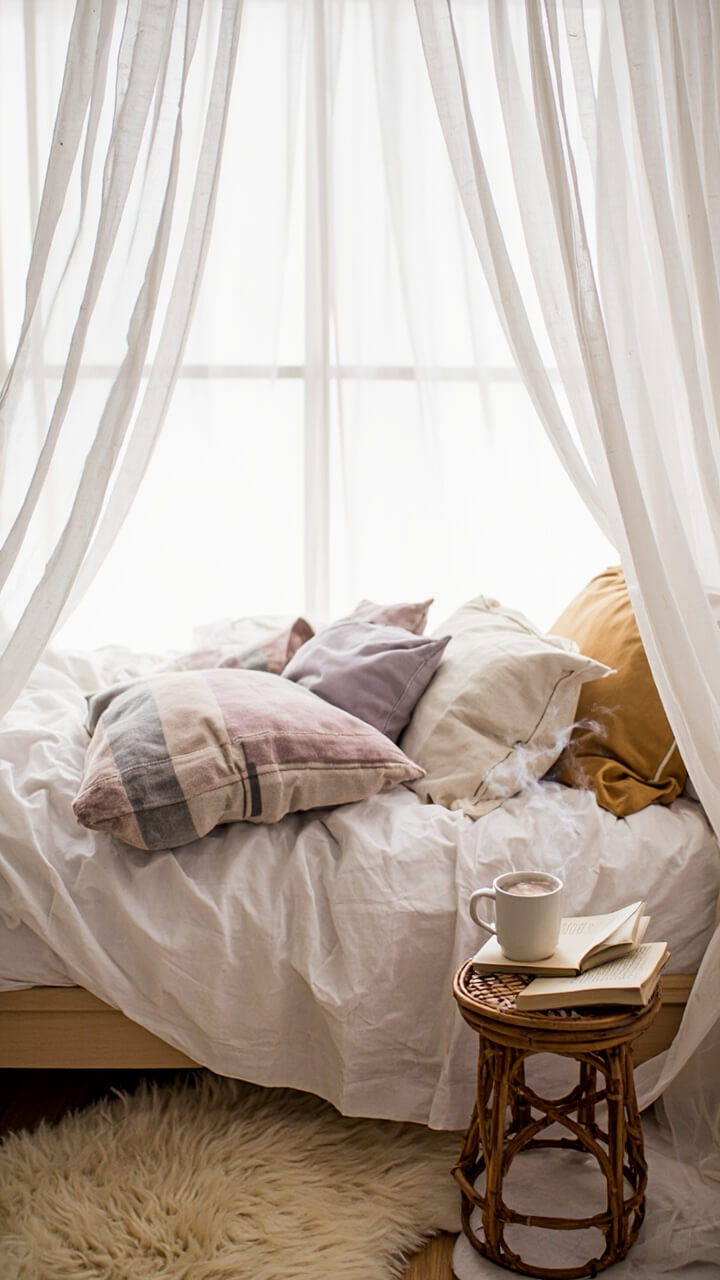 A white cotton canopy is anchored to the ceiling and cascades down around the head of the bed, which is piled high with mismatched print pillows in mauve, mustard, and cream. A sheepskin rug is tucked underfoot, and a small rattan stool holds a mug and book.