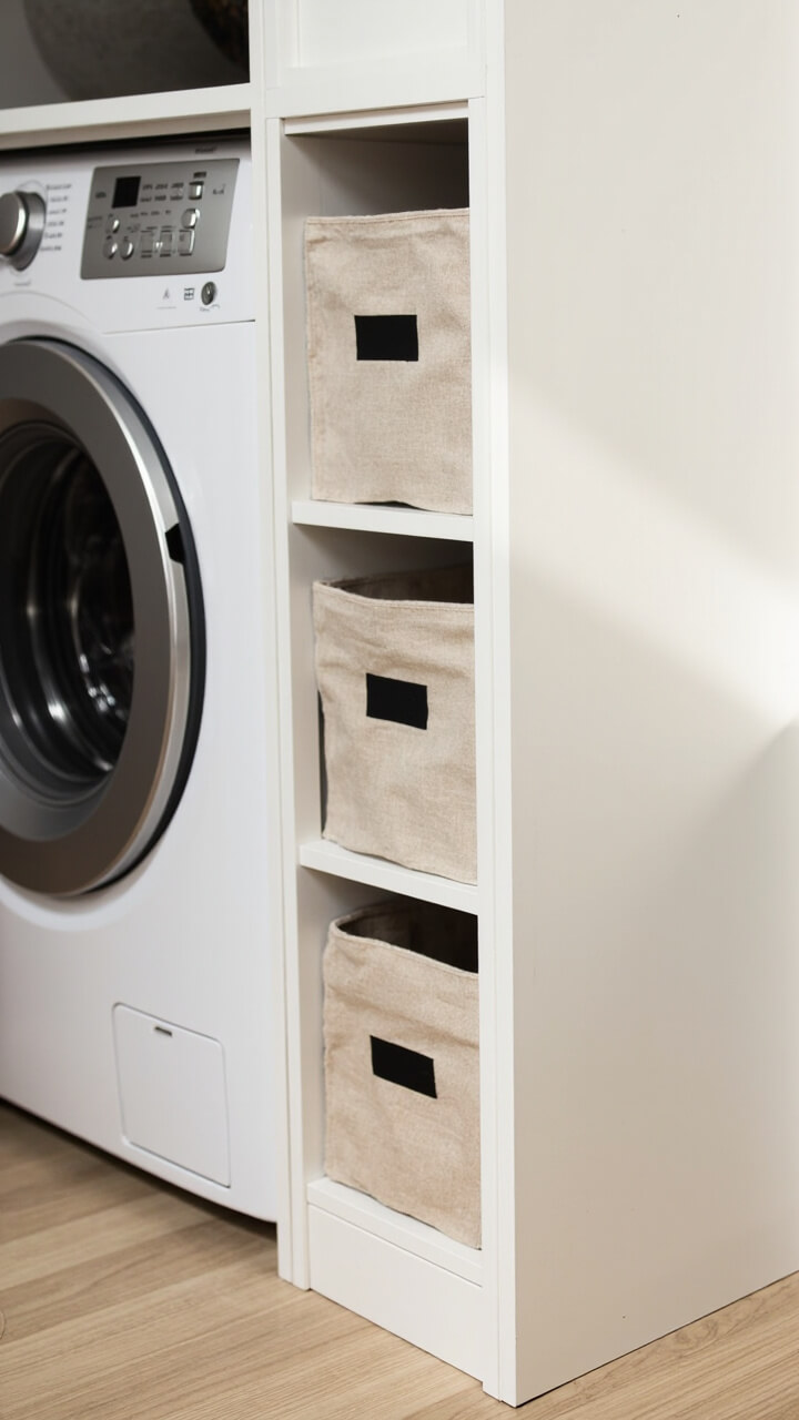 Four cubbies built into a narrow white shelving unit hold square fabric bins in oatmeal, each with a small chalkboard label. The unit fits perfectly between a washing machine and a tall slender cabinet. The floor is pale oak laminate.