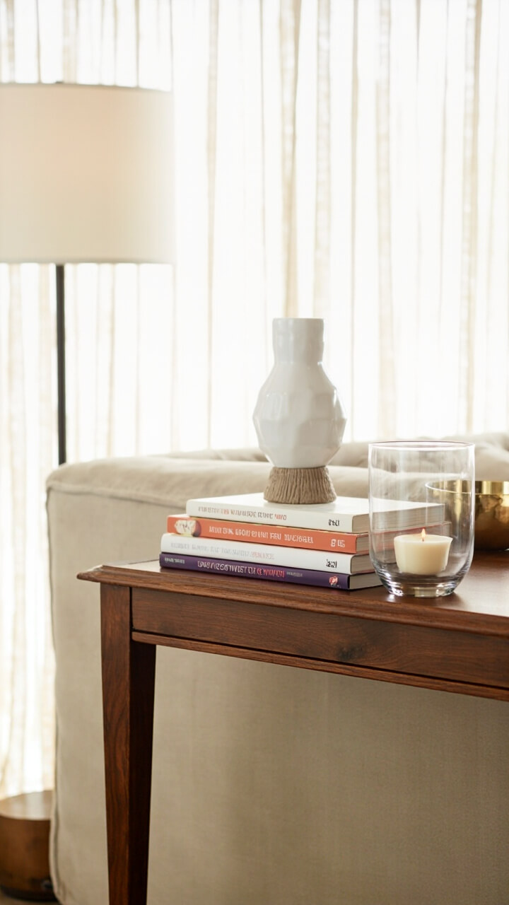 A slim walnut console table stands behind a light beige sofa. On it, an oversized white ceramic lamp, a stack of coffee table books, a gold metal bowl, and a glass hurricane candle create an organized display. Sheer white curtains filter light behind the scene.