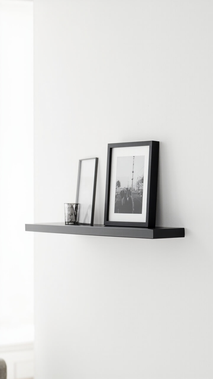 A sleek, matte black metal ledge floats on a white wall, holding two minimalist black-and-white photos in thin black frames. The area above and below is clear.