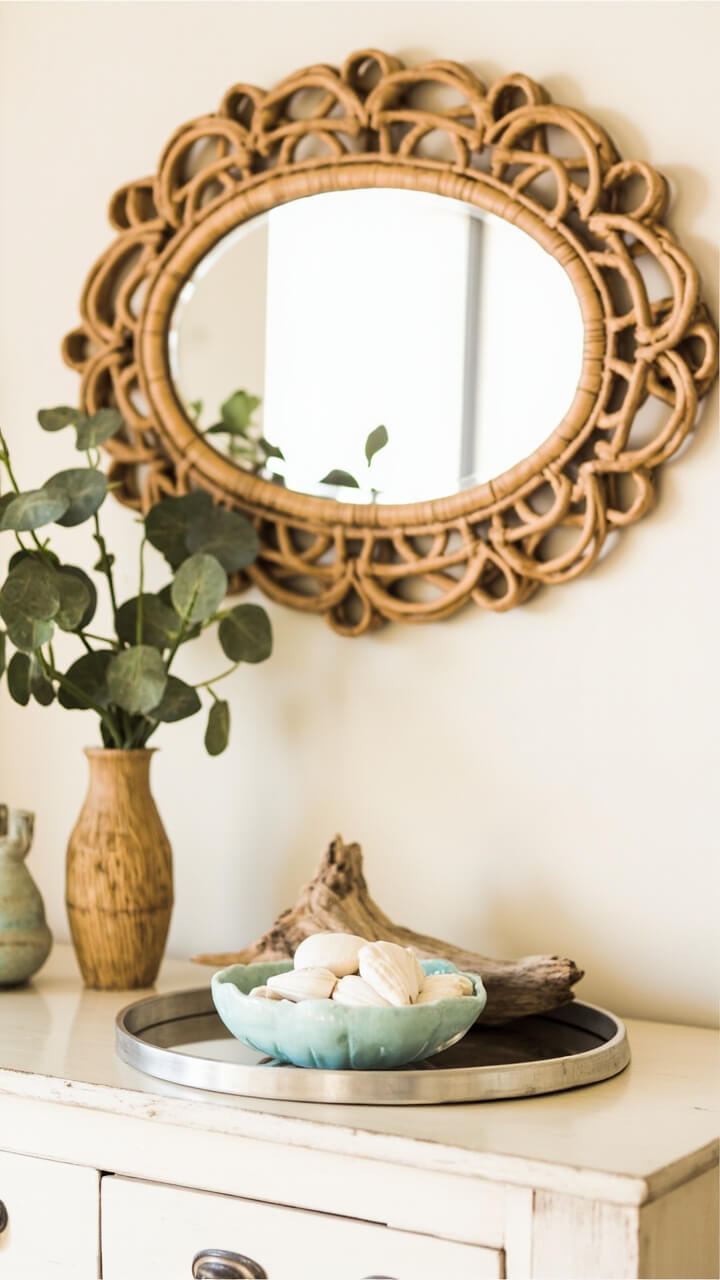 A round mirror tray rests on a whitewashed wood console table. On the tray: a pale blue ceramic bowl with white shells, a driftwood piece, and a rattan-wrapped bud vase with a sprig of faux eucalyptus. An oval, scalloped-edge rattan wall mirror hangs above.