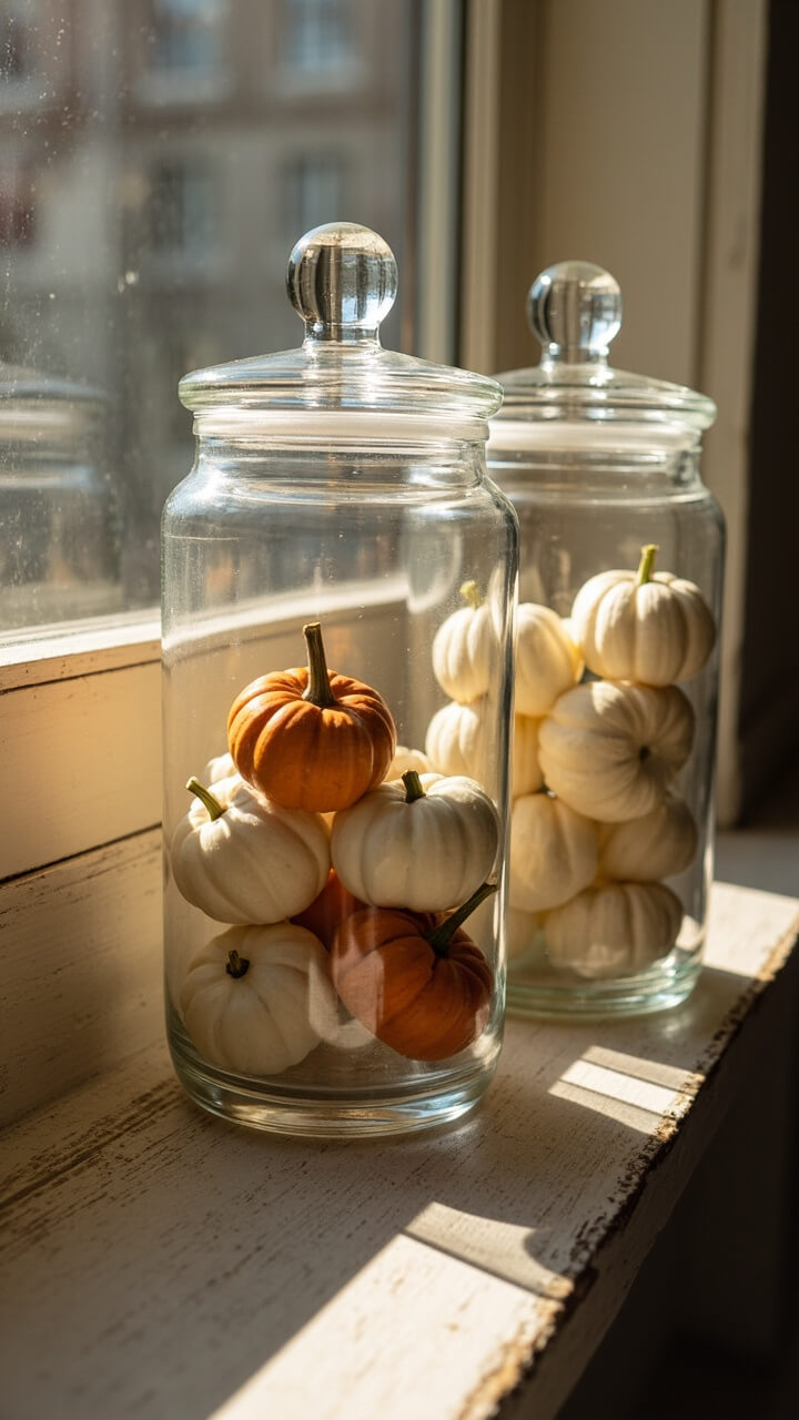Two medium clear glass apothecary jars sit on a narrow wood windowsill. One holds mixed white and terracotta mini pumpkins, the other is filled with pale beige pumpkin-shaped soaps.