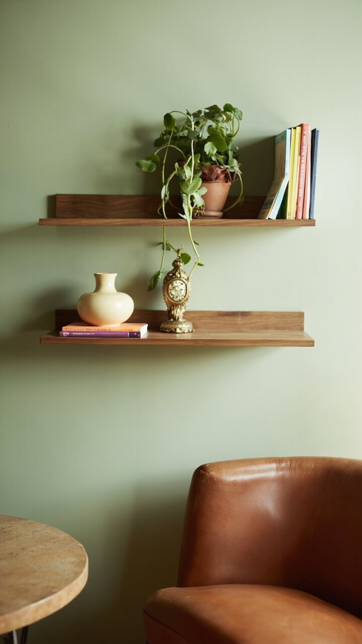 Two walnut floating shelves sit against a soft sage green wall. The top shelf holds stacked paperbacks and a trailing pothos in a clay planter; the bottom has a cream bud vase and a brass vintage clock. A caramel leather armchair sits nearby but doesn’t block the view.