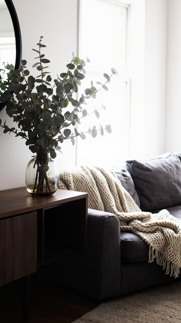 A tall, smoked glass vase filled with leafy eucalyptus stems sits on the corner of a dark wood console table. Above, a large round black-framed mirror reflects light from the window. A charcoal sofa and chunky cream-knit throw blanket are visible nearby, all grounded by a light taupe rug.