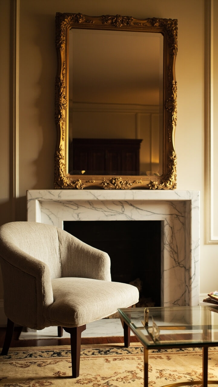 A gilded, French-style mirror with curved corners stands above a white marble fireplace mantel. In front sits a dove-gray armchair and a gold-and-glass coffee table, atop a cream and gold patterned rug.