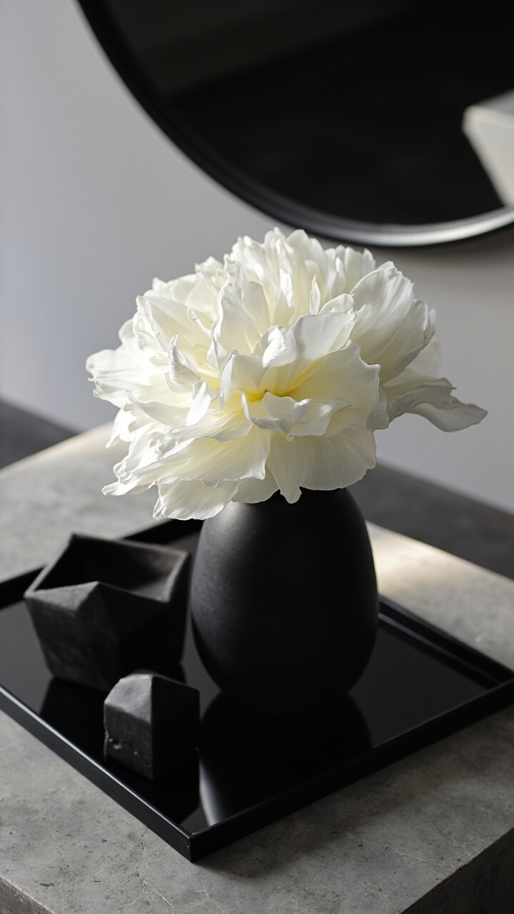 A square black mirrored tray anchors the center of a concrete coffee table. On the tray: a matte black vase with a giant white artificial peony and a small black geometric sculpture. A thin-edged black wall mirror looms above the table.