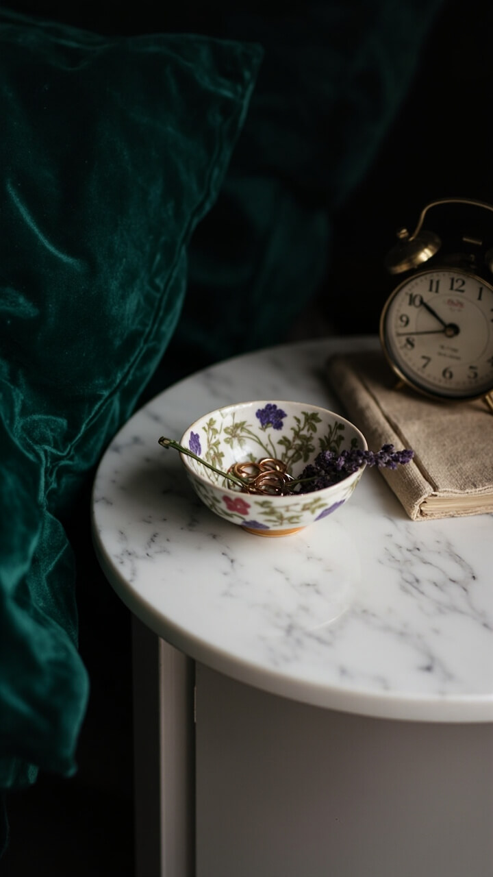 A round white marble nightstand, next to a bed with deep green velvet pillow, has a small hand-painted ceramic bowl holding rings and a sprig of lavender. There’s a linen-bound journal and a brass alarm clock as well.