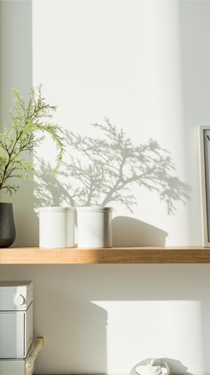 A floating oak shelf sits above stacked white machines. Frosted glass canisters are lined up neatly, joined by a faux potted fern and a small framed “wash” print. The backdrop is bright white with natural light streaming through a high window.