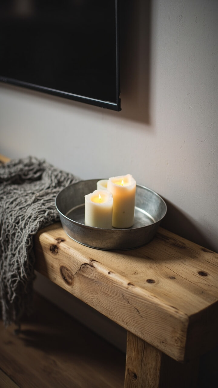 A rough-hewn natural pine wood bench under the TV, with a grey wool throw draped on one end. There’s a galvanized metal tray with three creamy pillar candles in the center.