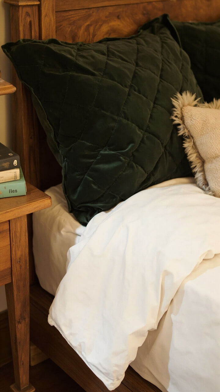 A bed with an ivory sateen duvet, two quilted dark green euro shams propped against the headboard, a smaller beige pillow in front, and a natural wood bedside table holding a small stack of books.
