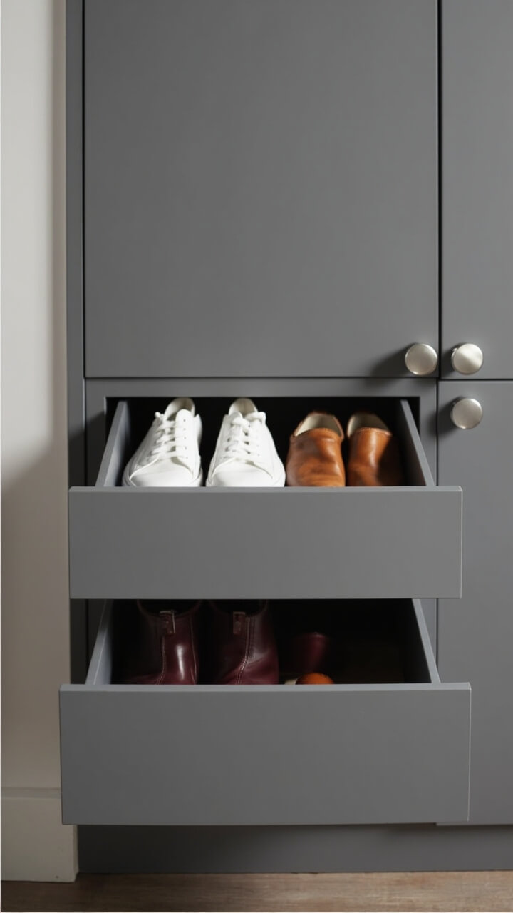 A matte grey built-in wardrobe with two wide pull-out drawers at the bottom. Inside each, three pairs of shoes are lined up—classic white sneakers, tan loafers, and deep burgundy ankle boots. Drawer faces are handleless with a soft-close feature.