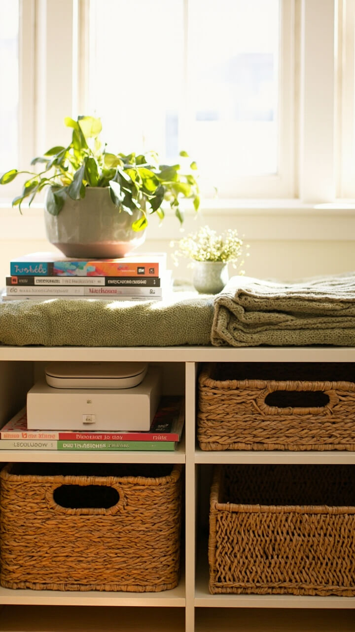 A matte birch wood cubby console nestles in the corner with 9 square cubbies. A 42-inch TV sits centered on top. Two natural seagrass baskets hide electronics in the lower cubes, while a folded sage green throw and a stack of art magazines fill the others. One small houseplant in a matte ceramic pot adds life.