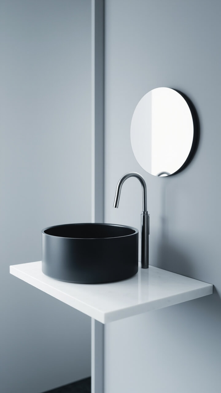 Matte black cylindrical vessel sink sitting atop a pure white quartz slab counter mounted to the wall, slim brushed steel faucet, oval frameless mirror, and cool light gray wall.