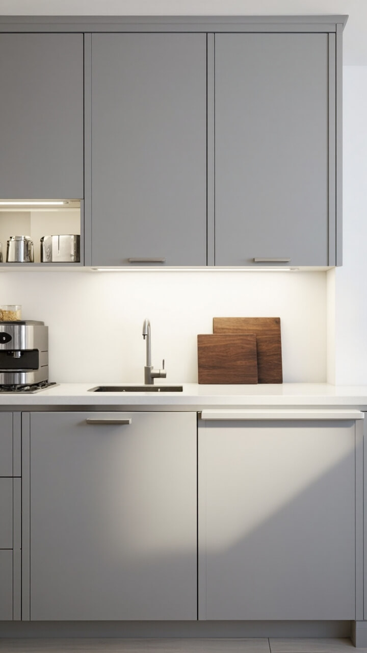 A clean run of light grey cabinets houses a lift-up door above the countertop, revealing a hidden nook with a shiny espresso machine and a stainless steel toaster, all tucked neatly away. The main counter stretches uncluttered, interrupted only by an under-mount sink and a walnut chopping board near the cooktop.