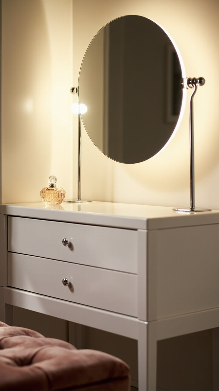 A white lacquered vanity table with three slim chrome-handled drawers shines under a large frameless Hollywood bulb mirror. A single glass perfume bottle sits at one corner, and a plush blush velvet bench provides a glam seat.