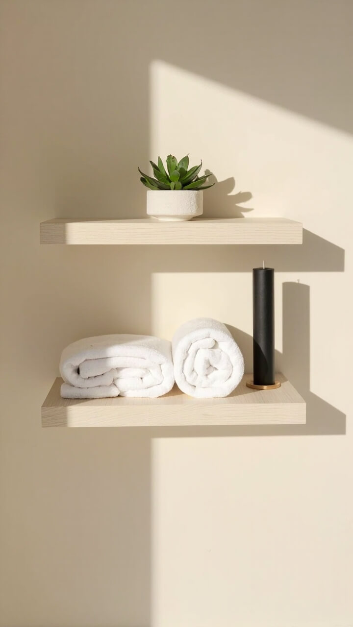 Two white oak floating shelves hold two neatly rolled white towels, a matte black candle, and a small potted succulent. The wall behind is a soft greige.