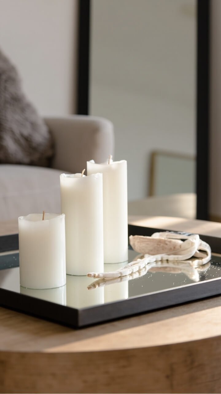 A medium square mirror tray with a slim black metal rim sits on a matte oak coffee table. On the tray, three white pillar candles in small, medium, and large heights are spaced evenly. The backdrop is a low, black-framed floor mirror angled behind the tray.