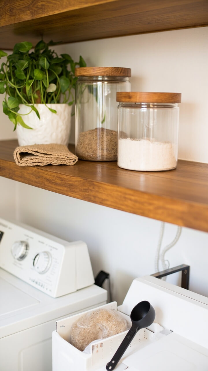 A natural oak floating shelf stretches above a white washer and dryer set. On the shelf sit two clear glass canisters with wooden lids, a small potted pothos in a white ceramic planter, a folded jute hand towel, and a matte black measuring scoop resting beside the canisters.