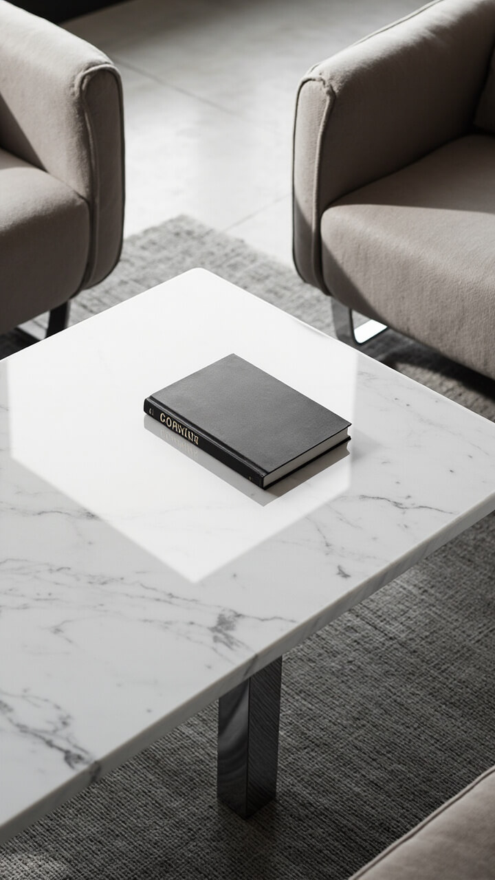 A polished white marble slab rests on squat chrome legs. The table sits alone between two lounge chairs on a grey sisal rug. Only a single black hardcover book lies on top.