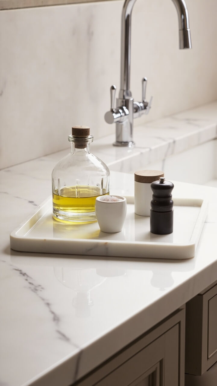 A rectangular marble tray sits flush against a white quartz countertop. On the tray: a clear glass olive oil dispenser, a white ceramic salt cellar with wooden lid, and a petite matte black pepper grinder. The background includes soft taupe lower cabinets and a chrome faucet.