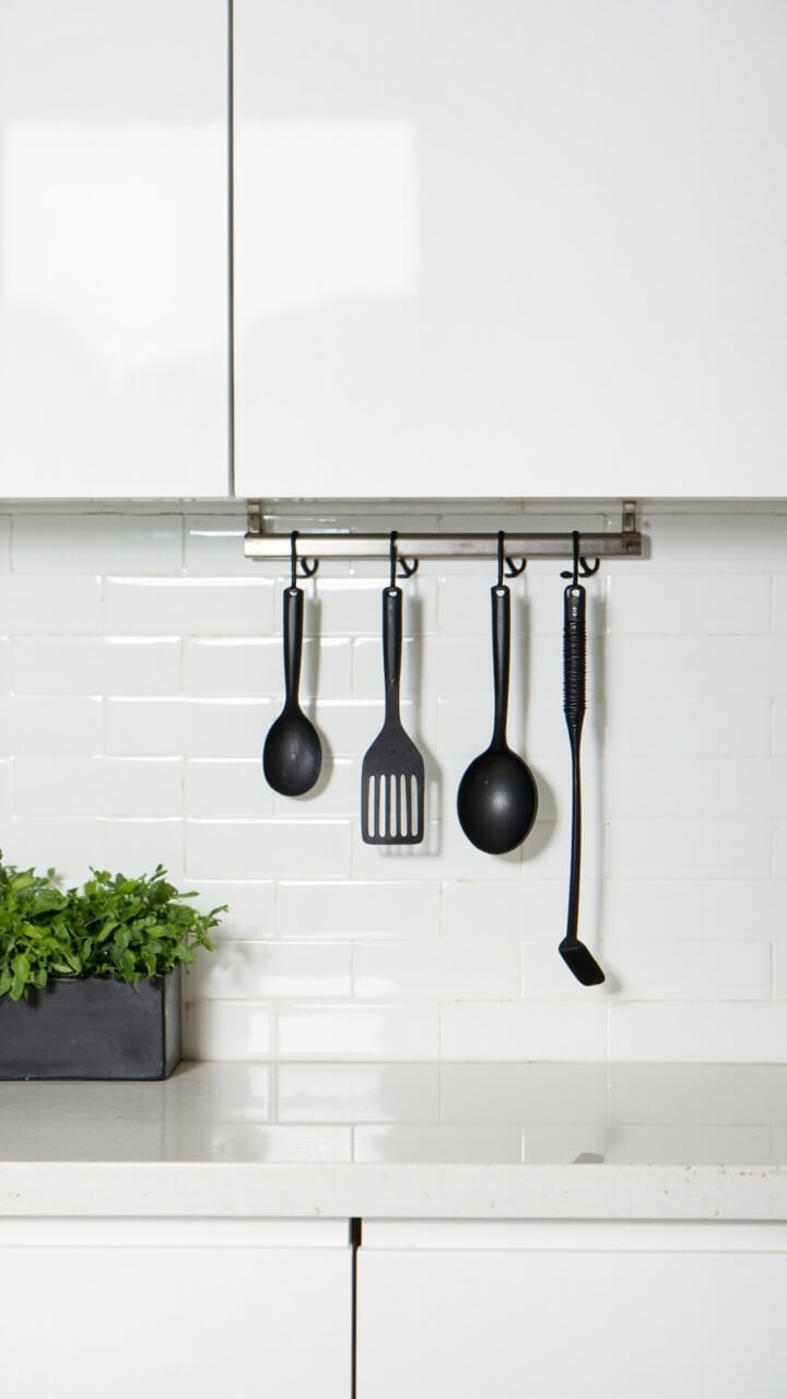 A stainless low-profile rail is fixed just under white subway tile backsplash, with three matte black S-hooks holding a slotted spoon, spatula, and ladle. Next to it, a slim container holds a few fresh herbs. The kitchen features glossy white cabinetry and a matching white quartz counter.