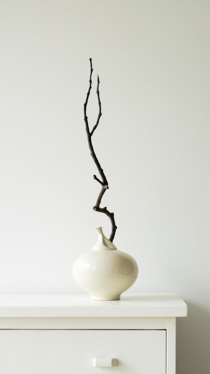 A short, wide ivory ceramic vase sits alone on a white dresser. One sculptural bare branch rises out of it, creating an artful silhouette. The dresser top is clear apart from the vase.