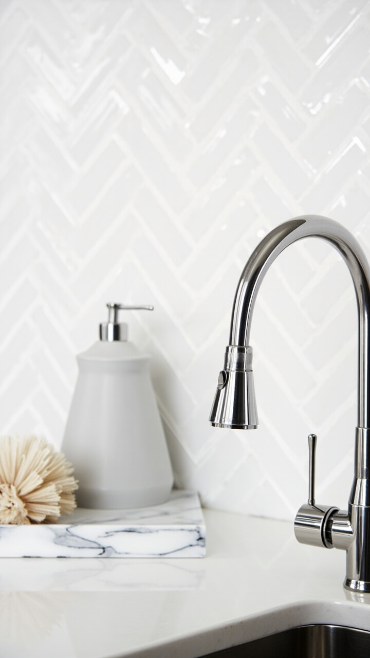 A crisp white herringbone tile sticker backsplash installed above a white countertop and stainless steel faucet. Against the backsplash, a ceramic soap dispenser in pale gray and a natural dish brush rest on a narrow marble tray.