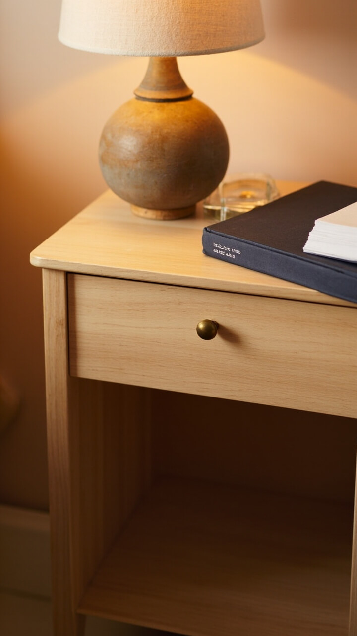 A compact, light wood nightstand with a single drawer and an open shelf. A matte ceramic lamp with a raw texture sits beside a navy-covered book. Only a glass coaster sits on the other side.