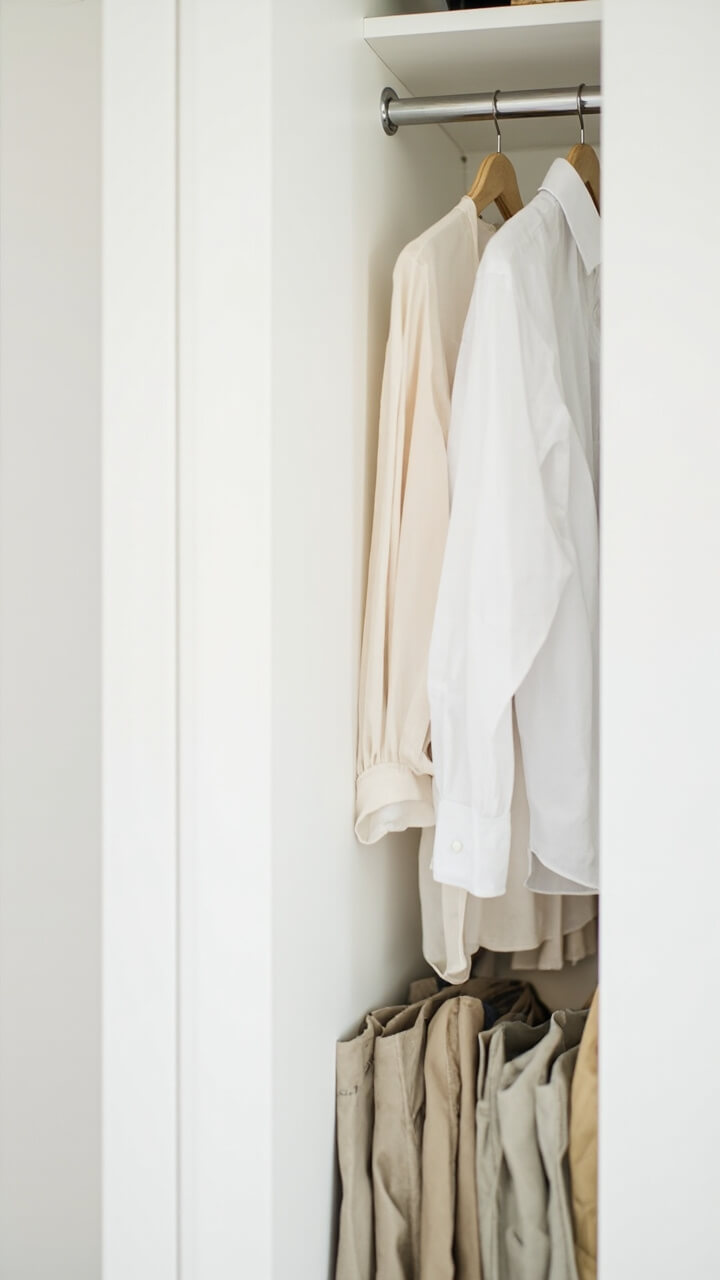 A tall, white built-in wardrobe with two chrome hanging rods—one fixed near the top, one halfway down. Crisp white dress shirts and pastel blouses hang on light wood hangers. Below, a row of neatly folded trousers. The backdrop is a smooth, matte white finish without any clutter.