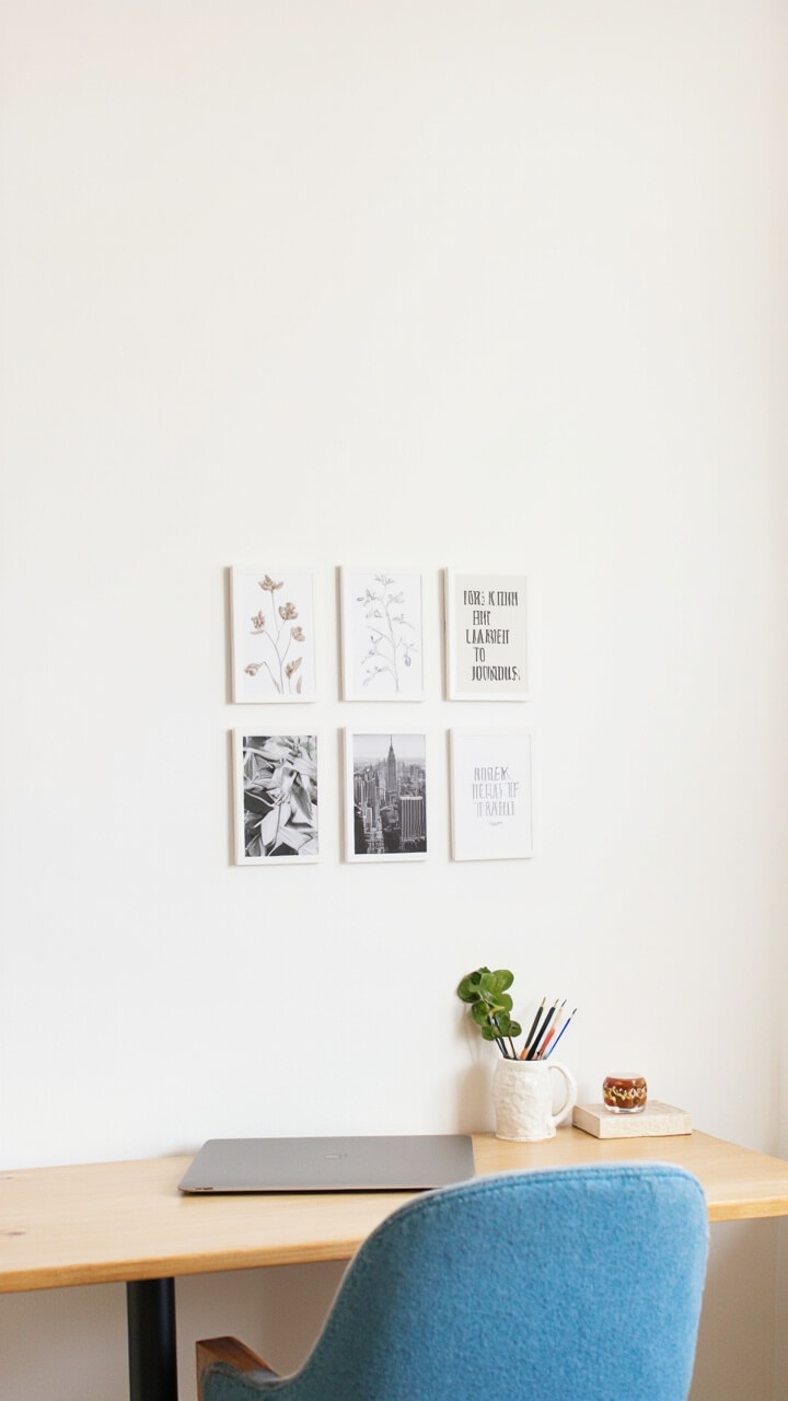 A white dorm wall above a pale wood desk features a neatly arranged cluster of five square art prints: two botanical sketches, a black-and-white cityscape photo, and two typographic posters. The desk below has a laptop, a ceramic mug with pens, and a small potted succulent. A standard blue desk chair is tucked in.
