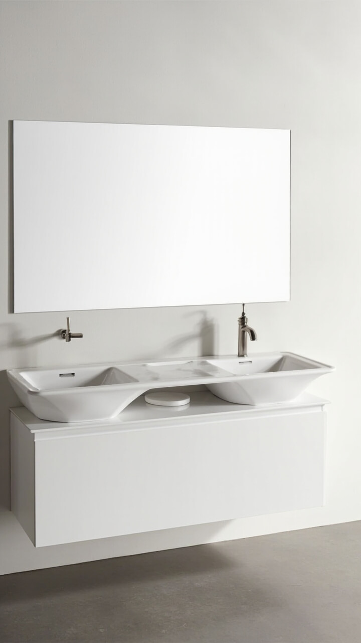 Slim profile white double vanity with two integrated sinks, dual brushed nickel faucets, central open shelf with a single white ceramic tray, large rectangular frameless mirror.
