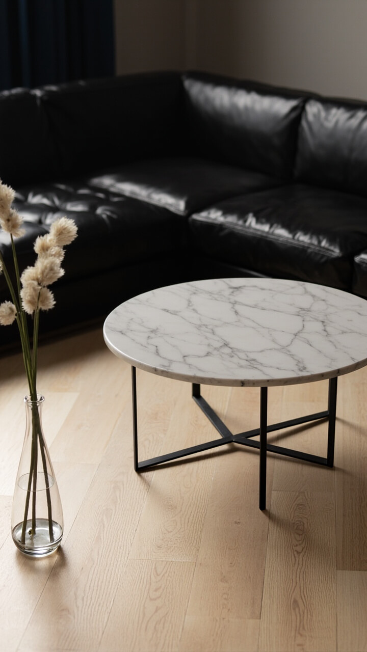 A sleek black sofa with chaise, positioned beside a round white marble coffee table with matte black metal legs. The floor shows pale oak hardwood and a small cluster of pampas grass in a glass vase.