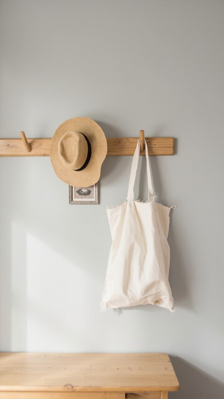A light maple peg rail runs horizontally across a chalk gray wall. A straw hat, small rustic-framed photo, and cream cotton tote hang at different points. Below, a simple pine bench completes the scene.