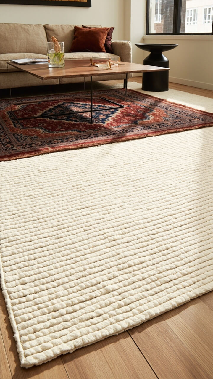 A thick, cream flatweave rug covers the living room floor, with a slightly smaller Persian-patterned navy and rust rug on top beneath the coffee table. An L-shaped sand-colored sofa frames the space, paired with a sleek black metal side table.
