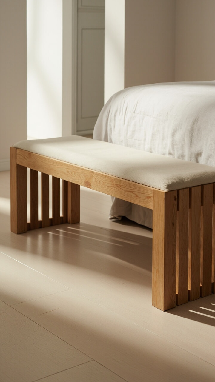 A light oak wood slat bench sits at the bed’s foot, unadorned, matching the pale wood flooring. No baskets or blankets on top.