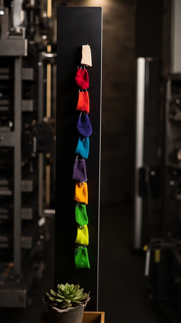 A vertical black metal magnetic board is mounted on a narrow strip of wall near stacked machines. Eight colorful socks dangle from mini wooden magnetic clips. A small potted succulent rests on a narrow shelf below.