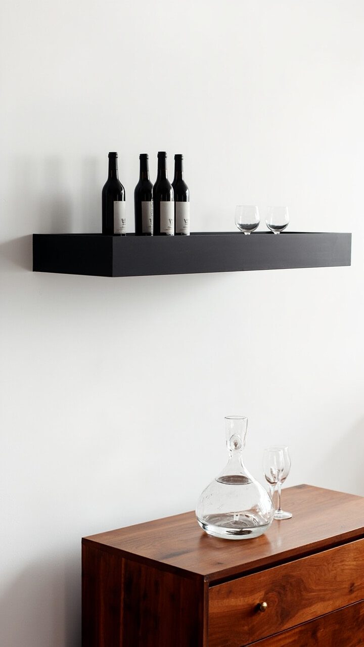 A white wall features a slim matte black floating shelf holding four wine bottles, angled with labels forward. Nearby sits a large clear wine decanter and two stemless wine glasses on a walnut sideboard.