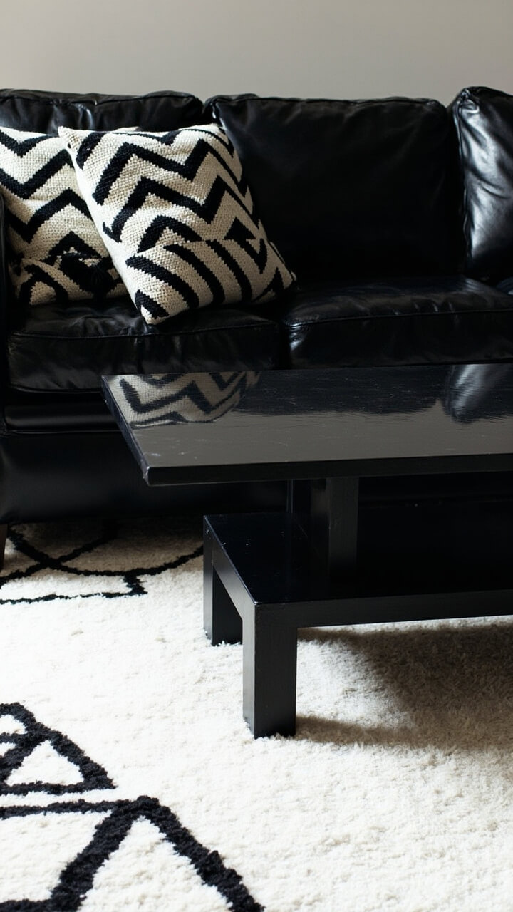 A black leather sofa with two large black and white chevron pillows, a low rectangular black wood coffee table, and a crisp white area rug with a black geometric pattern.
