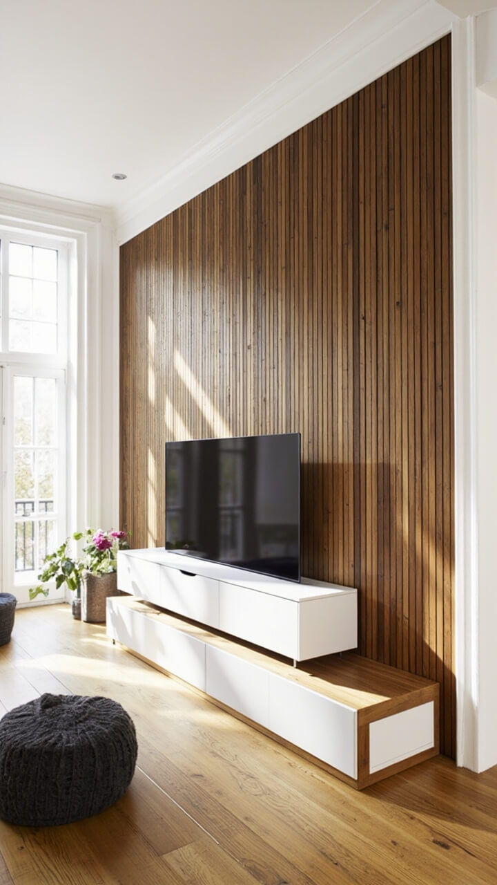 Vertical oak slat panels stretch floor-to-ceiling on the main wall, while the rest is soft white. A simple white TV bench sits in front, with a charcoal knit pouf nearby.
