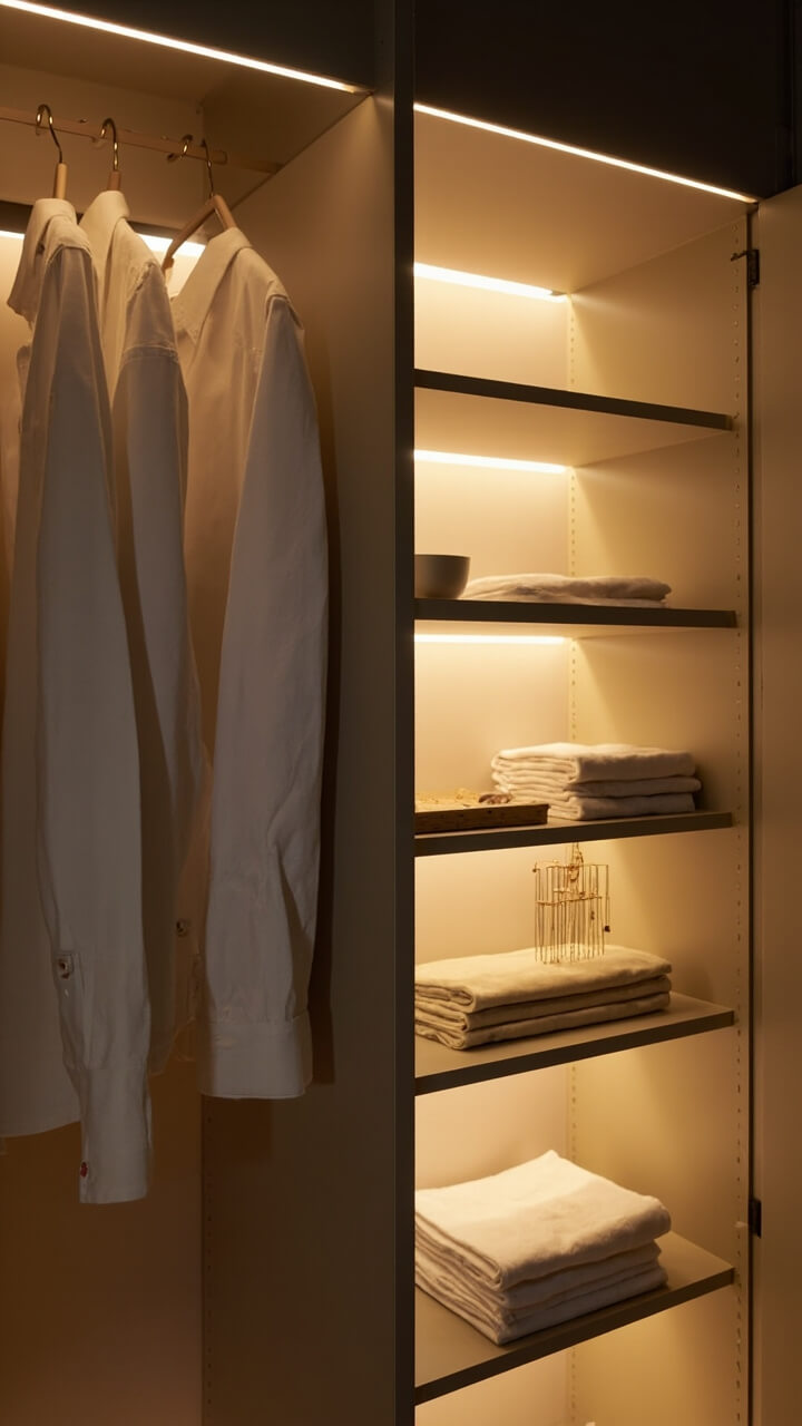 Soft white LED strips run under each shelf inside a sand taupe built-in wardrobe. The light glows warmly on hanging shirts, folded linens, and a simple gold jewelry rack on the side. The effect is subtle, never harsh.