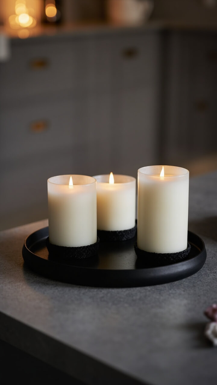Three pillar candles in staggered heights (white wax), each in a round matte black holder, are arranged on a round, low-profile black tray. The tray sits at the far end of a stone gray island.